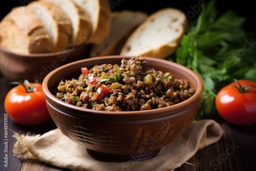 serving tapenade in a bowl accompanied by an assortment of bread