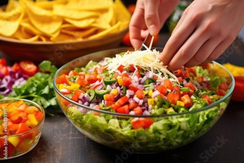 hand grating cheese over taco salad