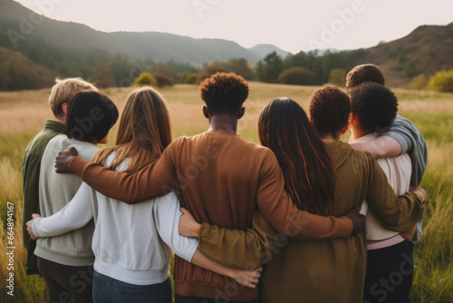 Group of mix race people hugging each other in the meadow supporting each other symbolizing unity, back view