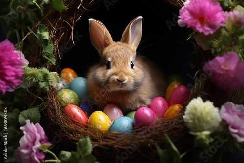 Easter Bunny and Colorful Eggs in Flower Nest