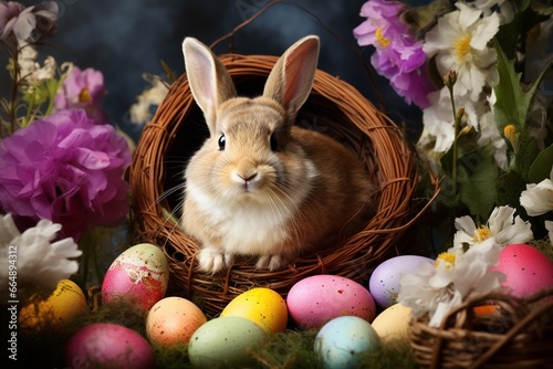 Easter Bunny and Colorful Eggs in Flower Nest