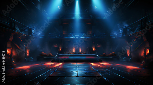 Futuristic empty stage. Dark space with blue neon spotlights. Scene with rays of light. AI generative © sdmin_d