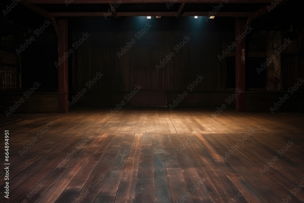 empty stage with old wooden floorboards under dim light - obrazy, fototapety, plakaty 
