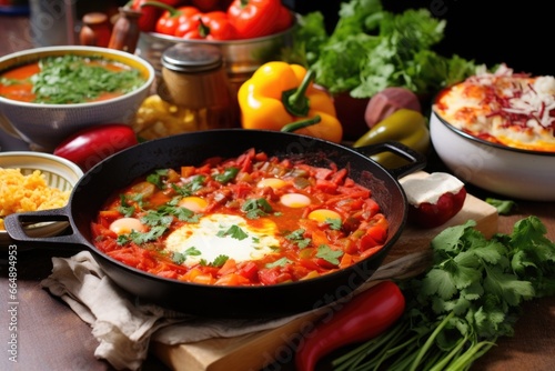 shakshuka surrounded by raw ingredients like eggs  tomatoes  and bell peppers