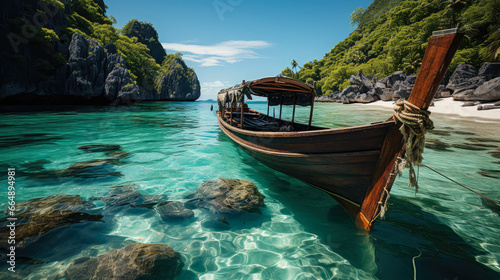 Boats at the beauty sea beach at tropical island beach lagoon , Boat thai style in ocean on summer holiday vacation