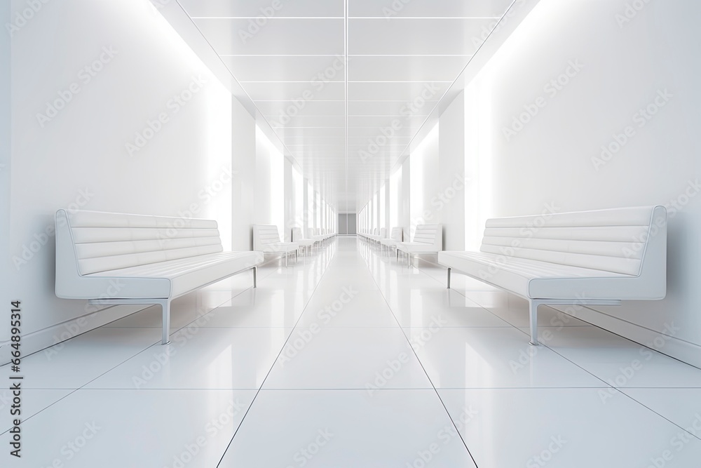 Obraz premium Interior design of a modern luxurious white building corridor or hallway with waiting seat.