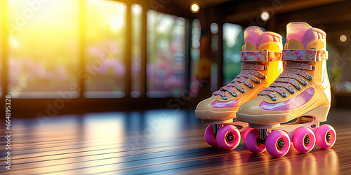 Yellow & pink roller skates in the park. A place where they teach you how to roller skate. Quad rollers with pink wheels on a wooden floor. Roller skates for sale, safety brands. Roller derby photo