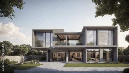 rendering of a modern house with a large patio and a large glass door