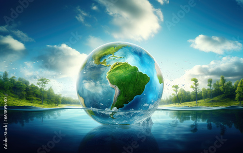 Glass globe in the in nature. Protecting the earth's water resources,, environmental protection concept. © Jasmina