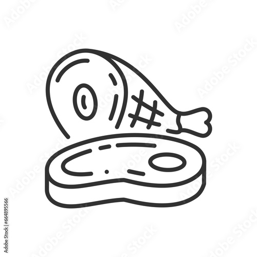 Meat, steak and filet of leg, linear icon. Line with editable stroke