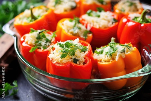 oven-baked stuffed bell peppers in a glass baking dish