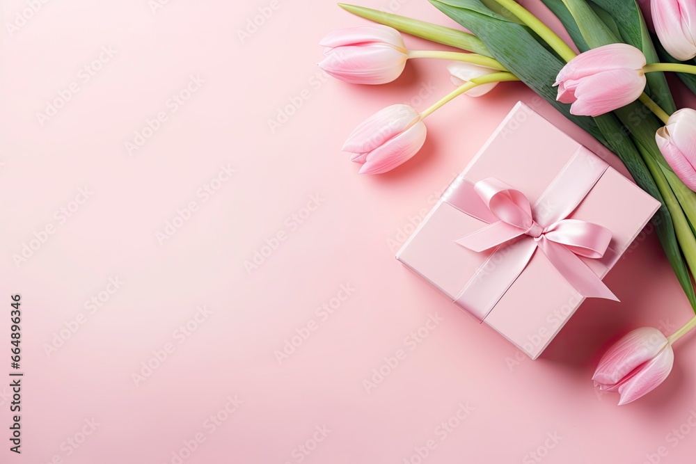 Mother's Day concept. Pink gift box with ribbon bow and a bouquet of tulips. Mother's Day concept. Pink gift box with ribbon bow and a bouquet of tulips.