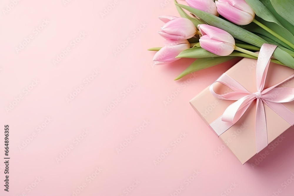 Mother's Day concept. Pink gift box with ribbon bow and a bouquet of tulips. Mother's Day concept. Pink gift box with ribbon bow and a bouquet of tulips.