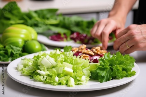 hand arranging lettuce leaves for waldorf salad on the plate