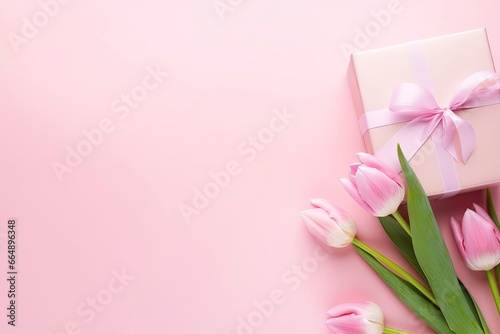 Pink gift box with ribbon bow and bouquet of tulips on isolated pastel pink background. © Md