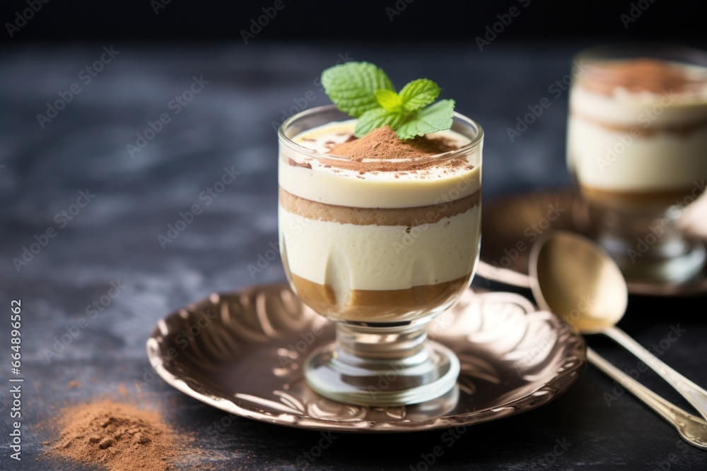 mini tiramisu served in a dessert glass with a mint leaf mini tiramisu served in a dessert glass with a mint leaf