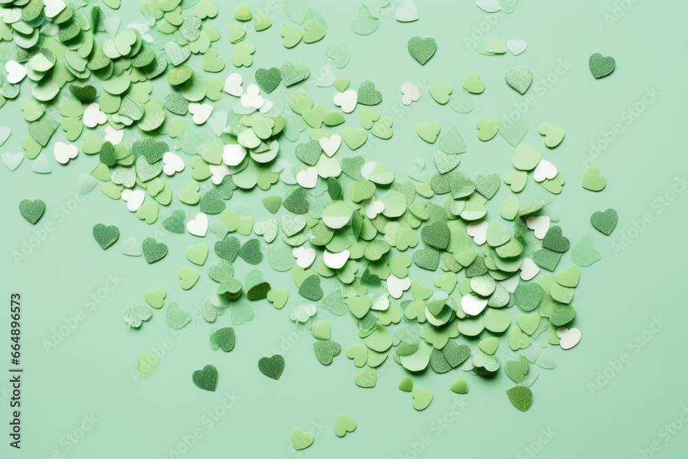 variety of wedding-themed confetti scattered on a light green backdrop