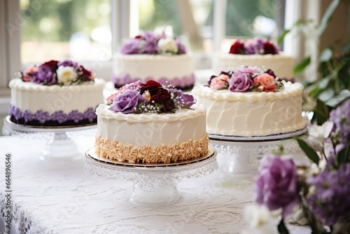 wedding cakes with detailed frosting and flower decorations