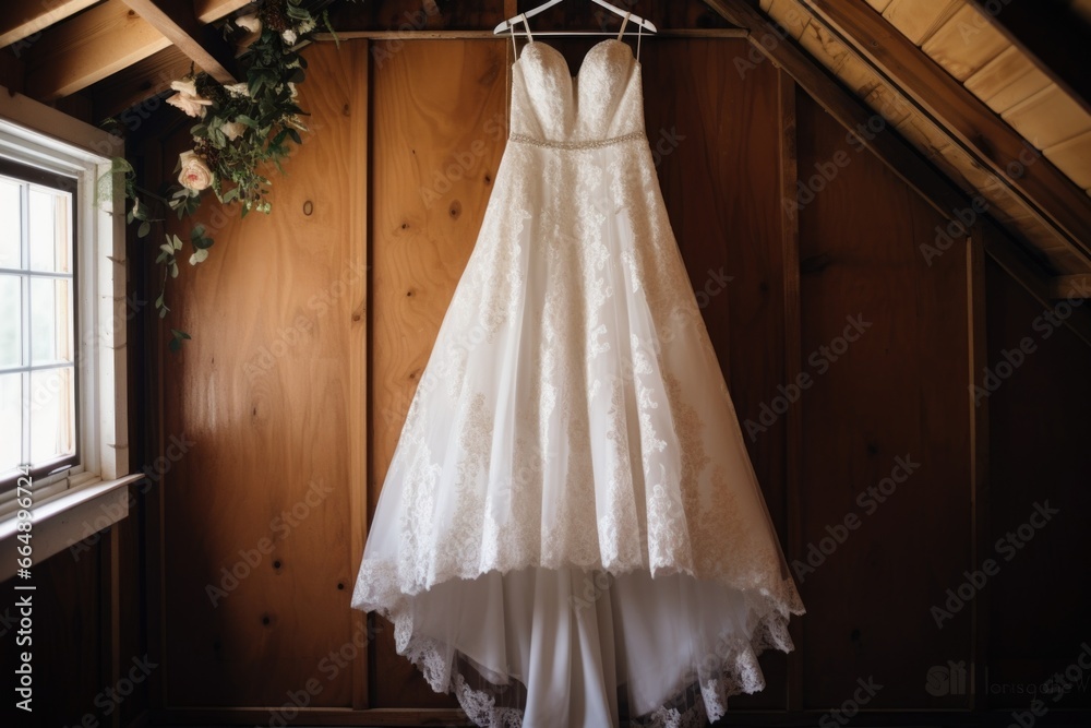 a wedding dress hanging on a wooden hanger a wedding dress hanging on a wooden hanger