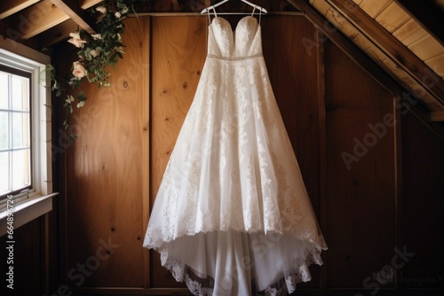 a wedding dress hanging on a wooden hanger