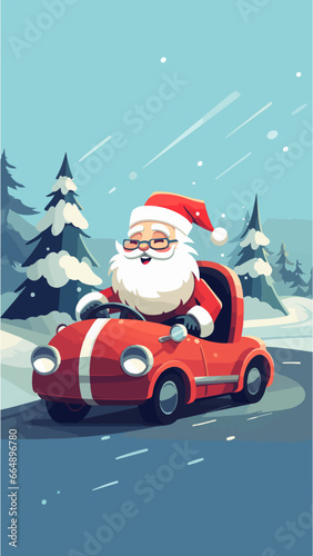 Père Noël conduisant une voiture de sport dans la forêt