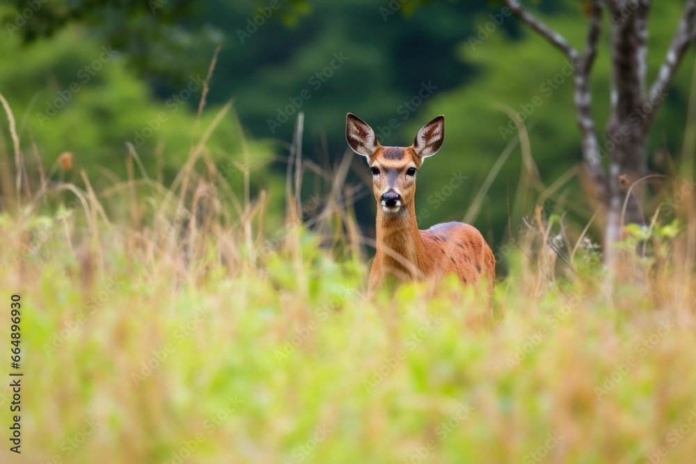 a wild deer grazing in a field of tall grass