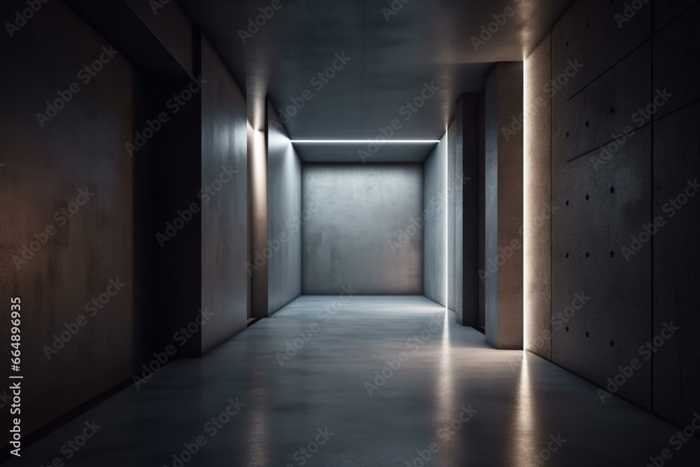 Minimalist room with smooth concrete walls. Night view with soft lighting. 3D visualization. Generative AI