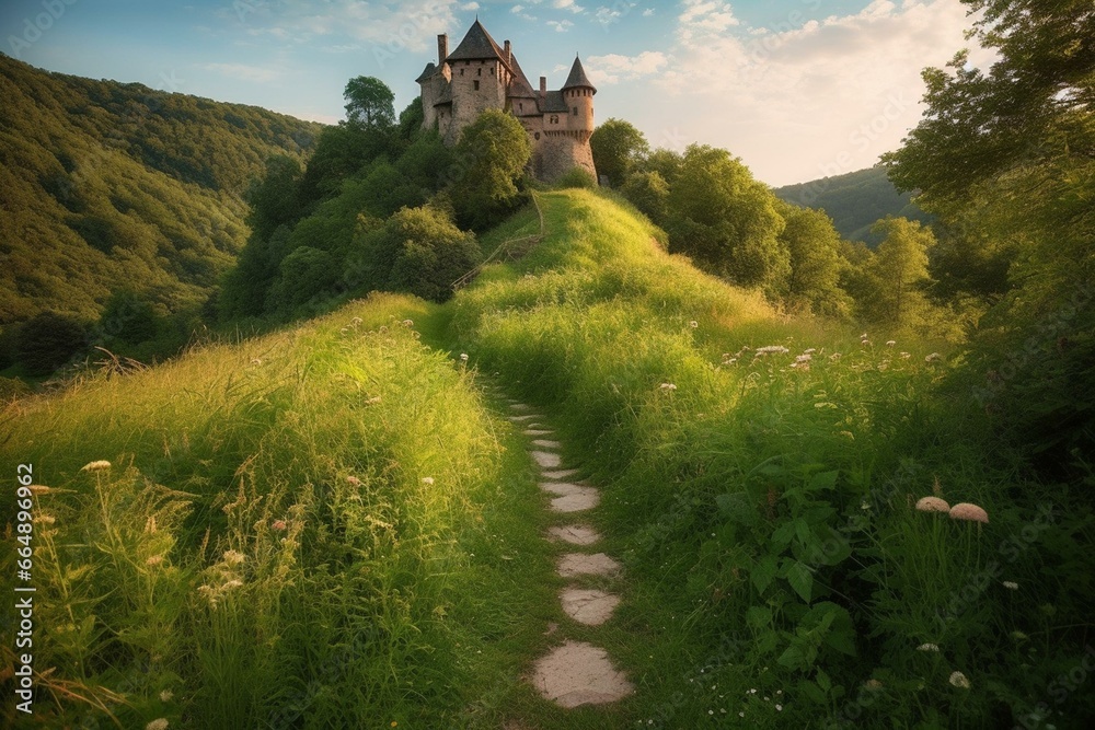 Path leading to magical castle perched on a hill amidst lush meadows and shrubs. Generative AI - obrazy, fototapety, plakaty 