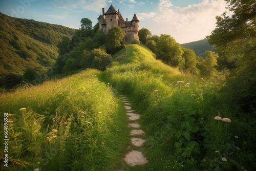 Path leading to magical castle perched on a hill amidst lush meadows and shrubs. Generative AI