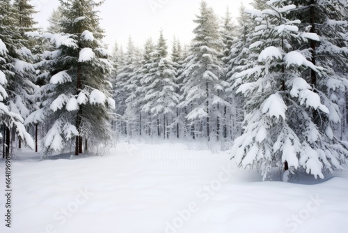 snow covering pine trees in a wintry forest landscape