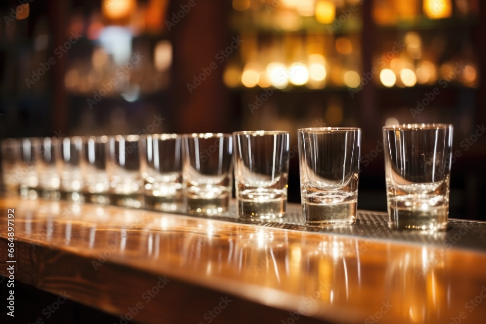 a row of empty water glasses on a bar counter