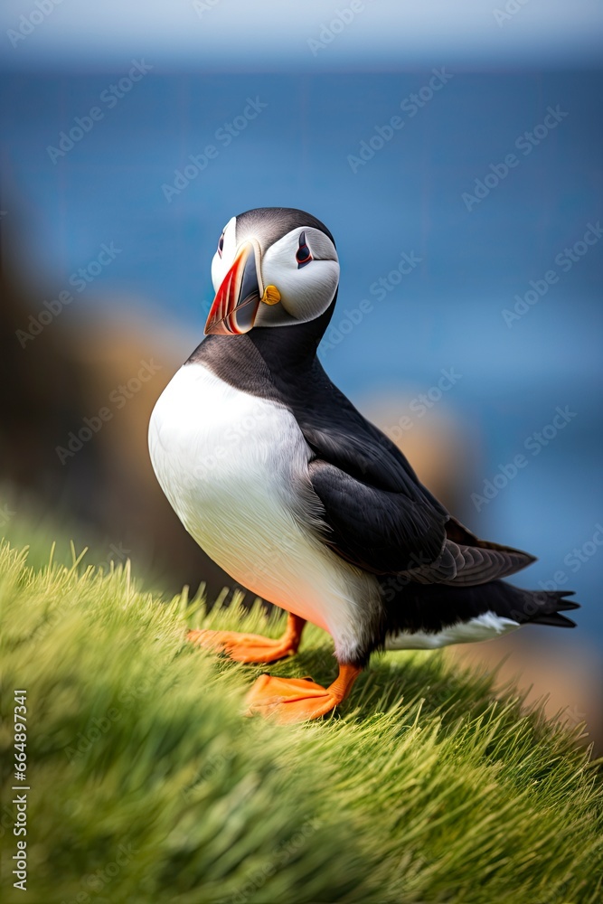 Naklejka premium Puffin bird on a green grass patch.