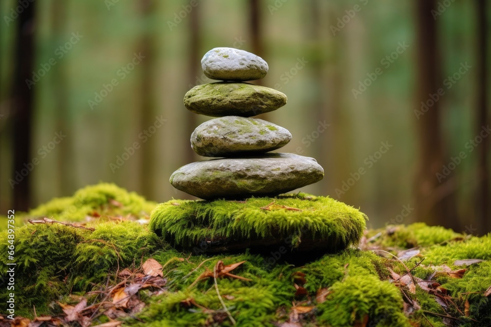 Pyramid stones balance on old mossy fallen tree. Pyramid stones balance on old mossy fallen tree.