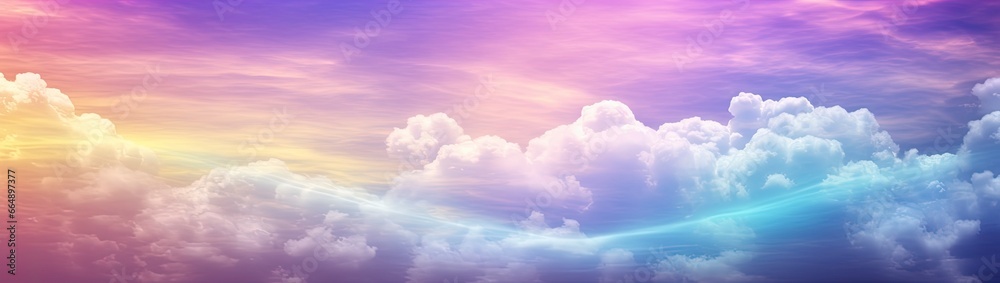 Rainbow sky with fluffy clouds. Multicolored toned sky.