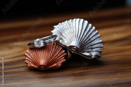 two silver wedding rings resting in a scallop shell, on a wooden table