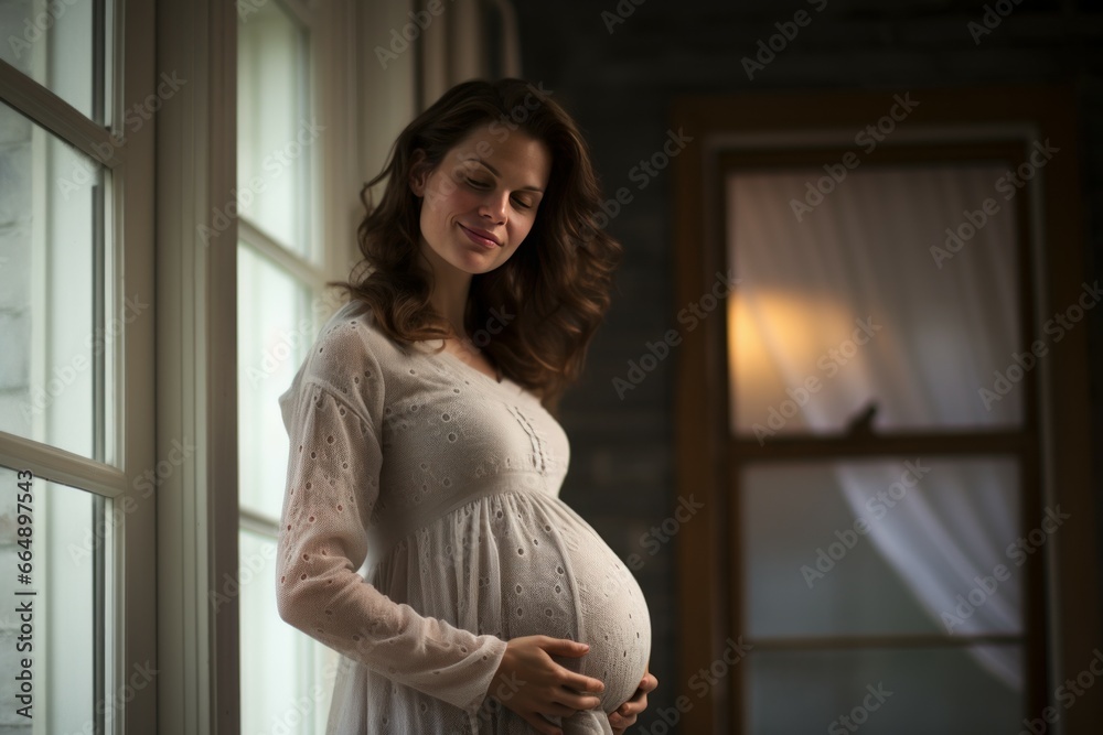 Portrait of beautiful pregnant smiling woman near window. Baby love child maternity. Generate Ai Portrait of beautiful pregnant smiling woman near window. Baby love child maternity. Generate Ai