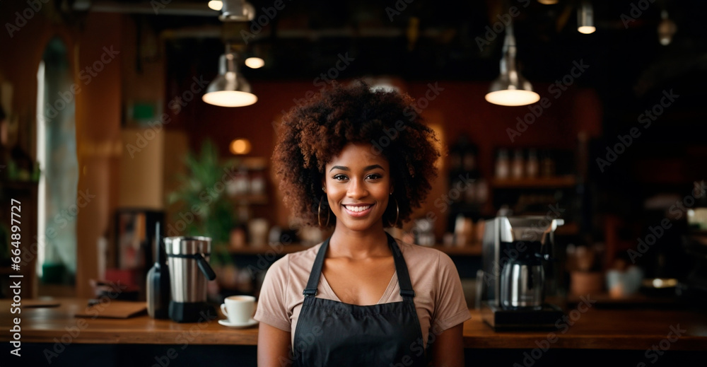 Happy young waitress, small business coffee shop owner looking at the camera. Medium body shoot. Beautiful gorgeous african american young model woman indoors. Afro. For advertising, ad, ads resource.