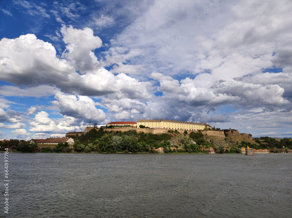 Petrovaradin fortress with blue sky and white clouds seen from Novi Sad 