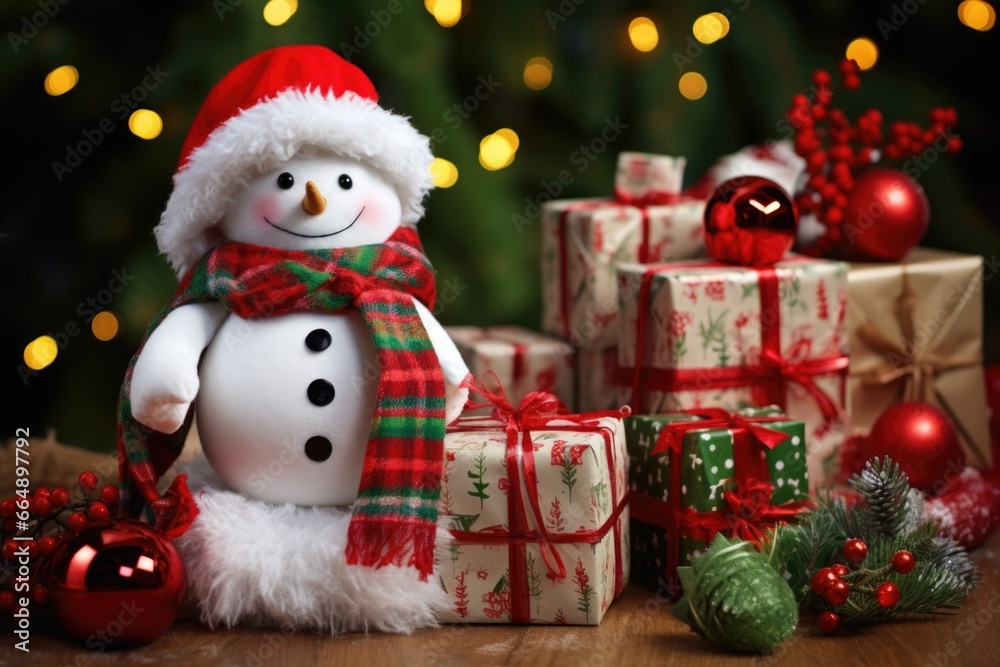 snowman beside a pile of wrapped gifts