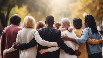 Group of mix race people hugging each other in the park supporting each other symbolizing unity, back view