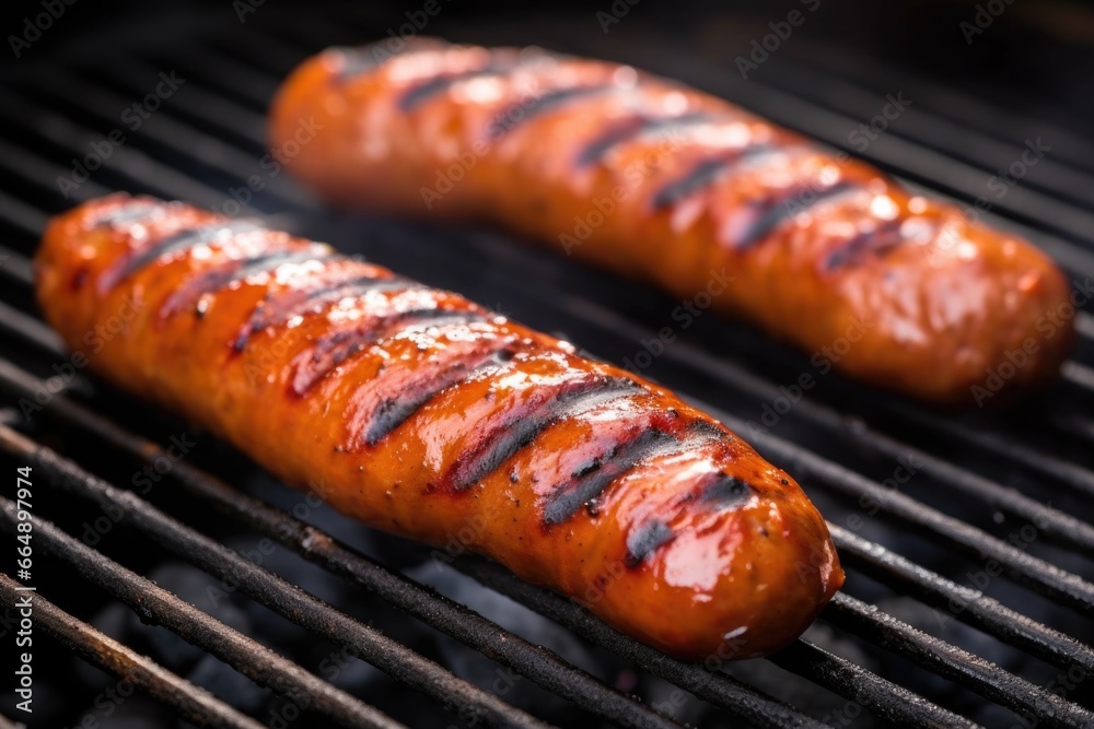 three bratwursts with crisp grill marks on a bbq grill three bratwursts with crisp grill marks on a bbq grill