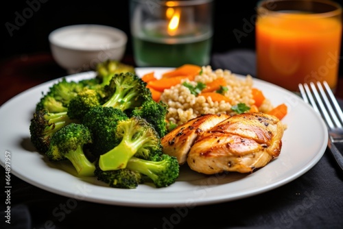 serving of grilled chicken with steamed vegetables and quinoa