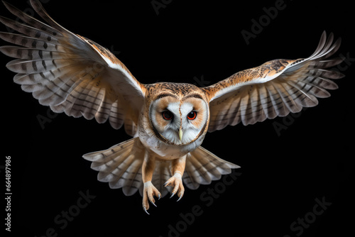 Flying owl on a black background © Venka