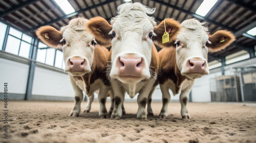 Cows in a farm. Cows eating, farming and cattle on a dairy farm for agriculture.
Cows in a farm. Cows eating, farming and cattle on a dairy farm for agriculture.