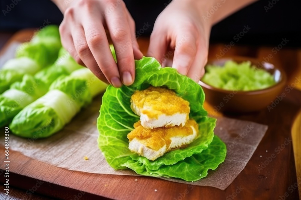 hand wrapping a piece of lettuce around a chicken nugget hand wrapping a piece of lettuce around a chicken nugget