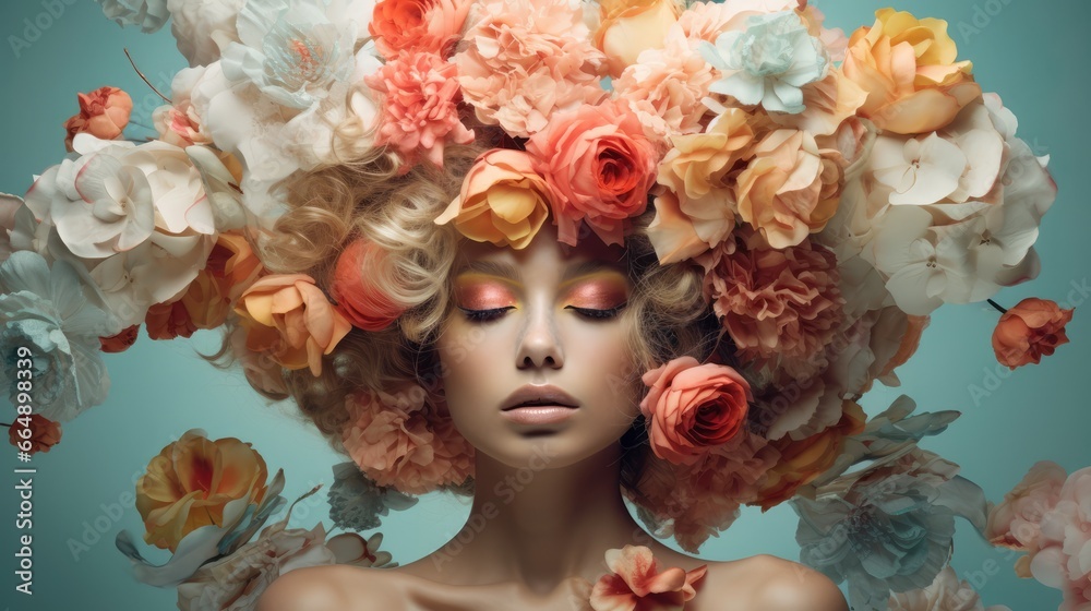 Naklejka premium Women's hair is so luxurious that it can be compared with the tenderness and fragrance of flowers.