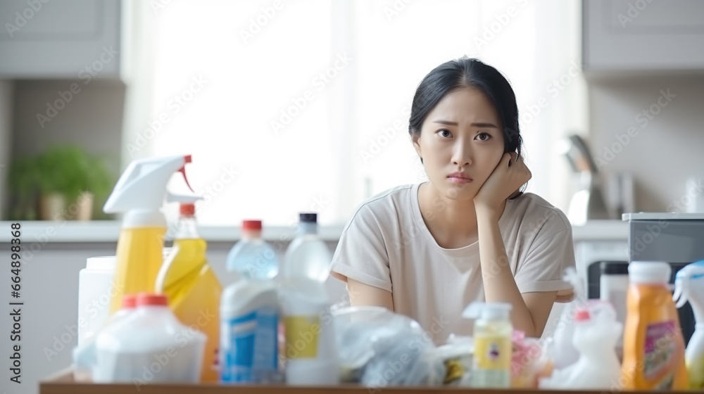 Female worker cleaning the living room at home Tired housekeeper cleaning girl feels tired and stressed while putting messy dirty clothes in a basket to do housework. Female worker cleaning the living room at home Tired housekeeper cleaning girl feels tired and stressed while putting messy dirty clothes in a basket to do housework.