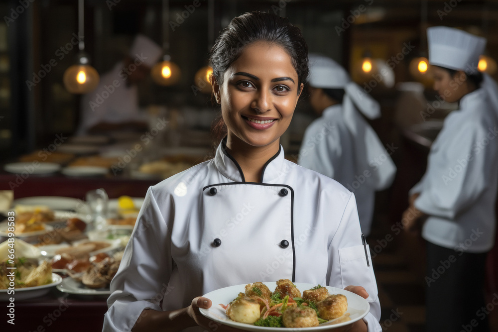 Indian female chef cooking in hotel kitchen