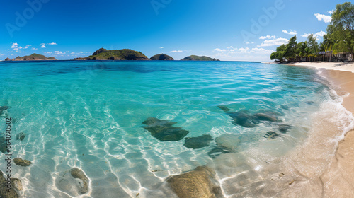 A pristine sandy beach meeting the turquoise waters of the Caribbean under a clear blue sky