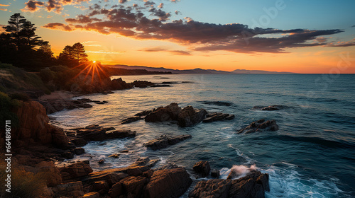 A coastal panorama at dusk  with the sun setting behind the ocean  casting warm hues across the horizon